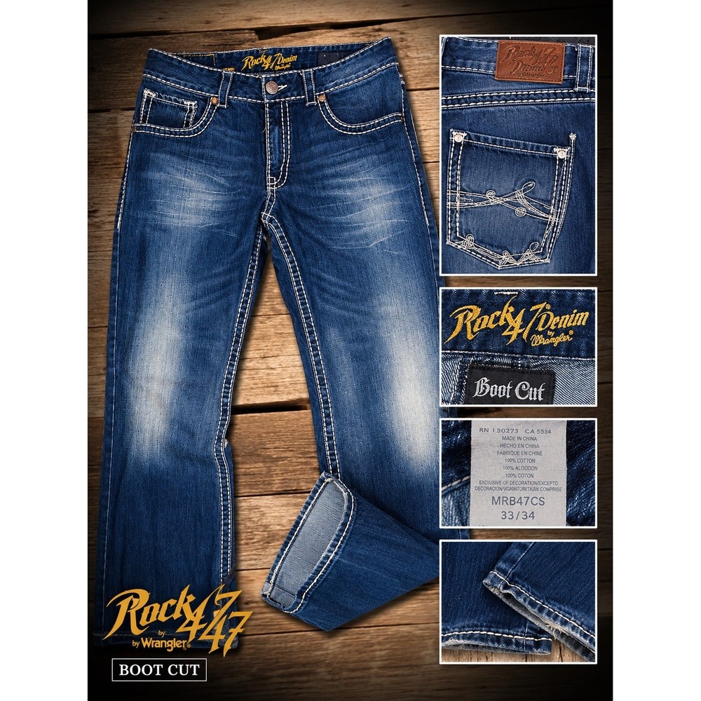 Rock 47 by Wrangler Jeans Mens 33x34 Bootcut Western Cowboy Thick Stitch MRB47CS